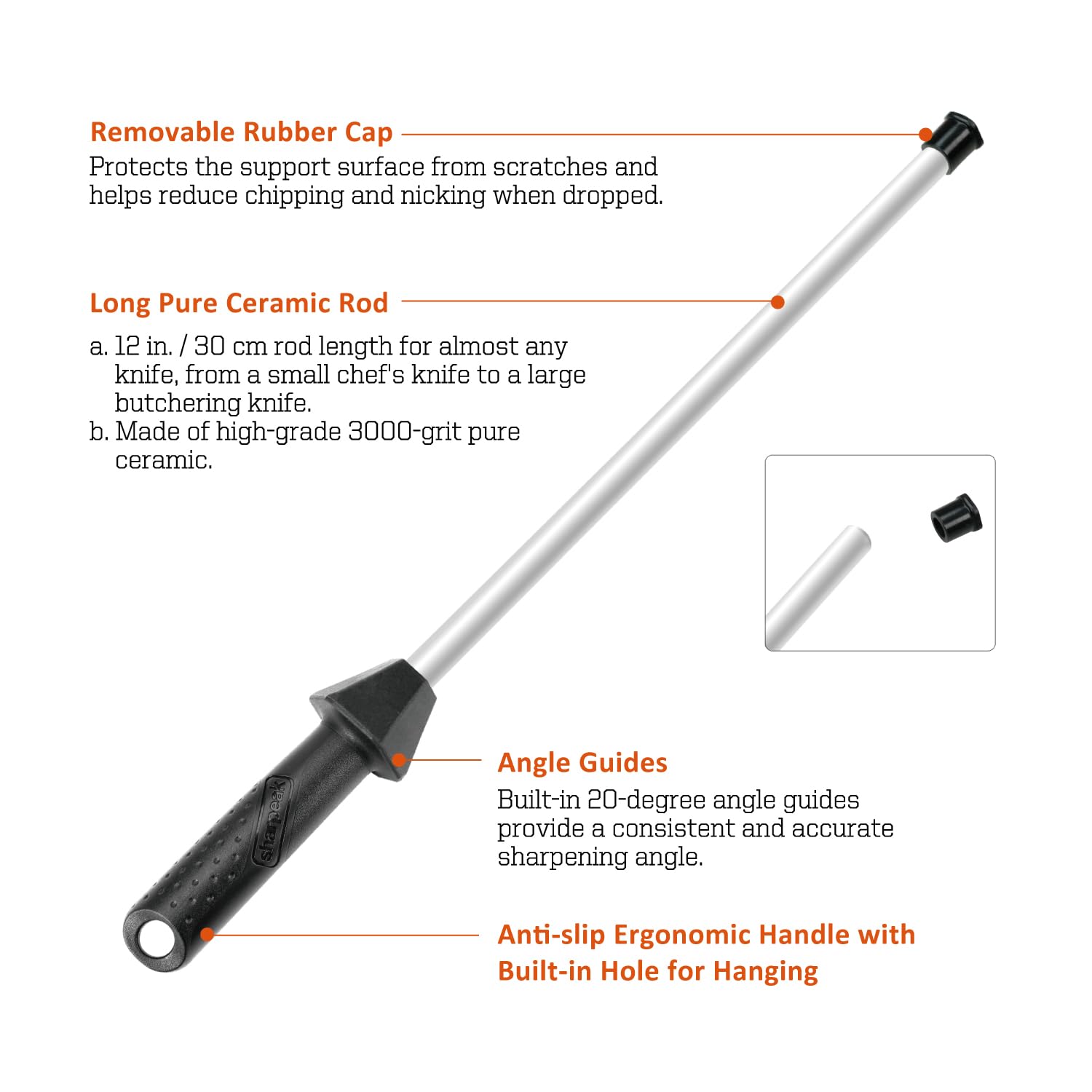 Total L.17.5-Inch/Rod L.12-Inch 3000-Grit Ceramic Sharpening Steel with Built-In Angle Guides